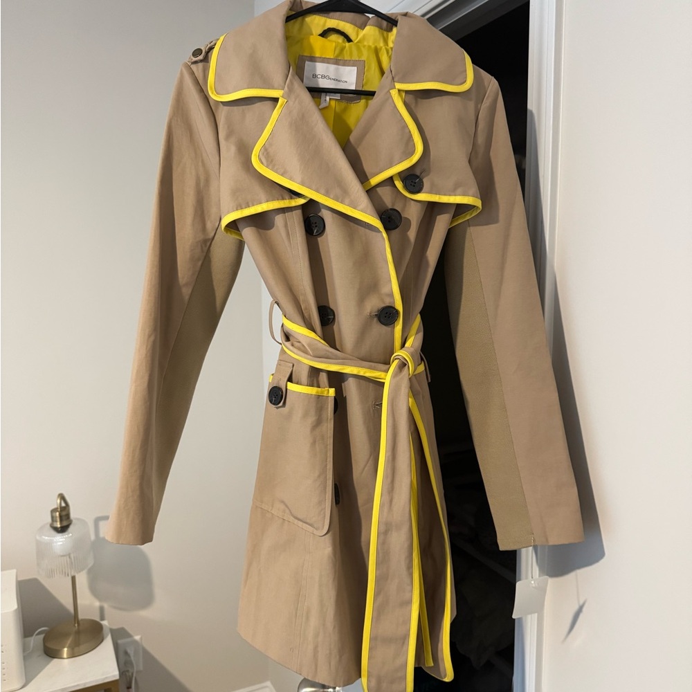 BCBGeneration Tan Trench Coat with Yellow Accents